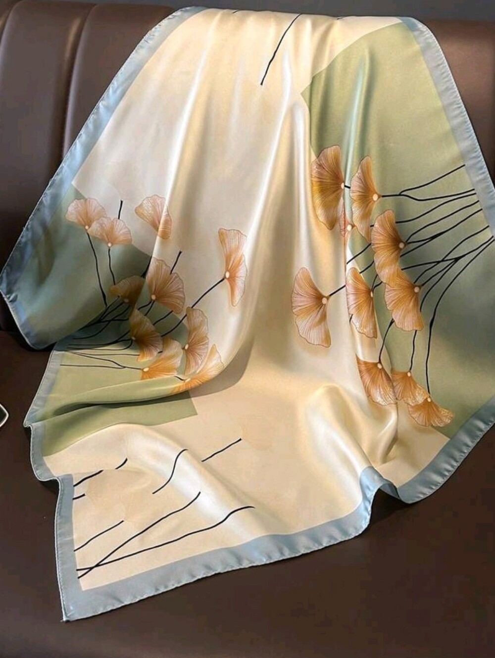 Sage Green Ginkgo Leaf Scarf – Fall Botanical Print